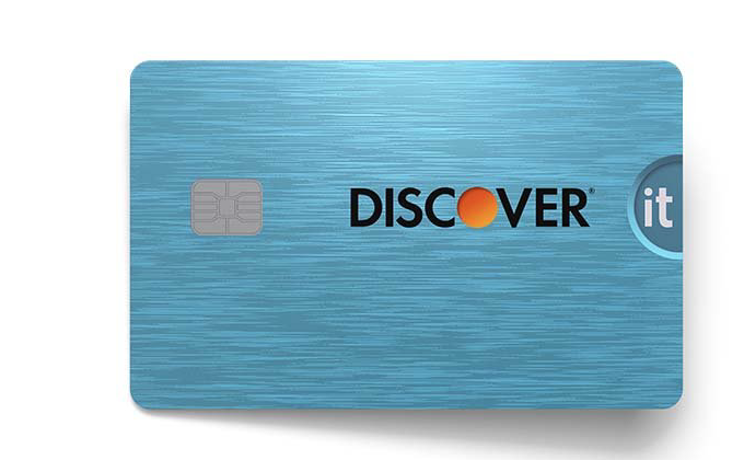 a blue credit card with a chip