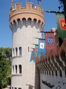 a tower with flags from the side