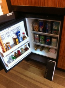 a mini fridge full of drinks