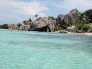 a clear blue water with rocks and trees