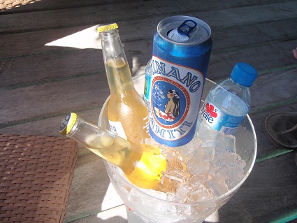 a group of bottles and cans of beer in a bucket