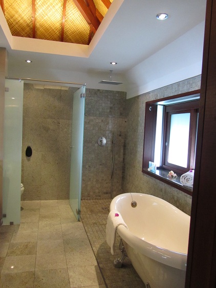 a bathroom with a tub and shower