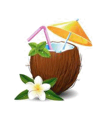a coconut with a straw and umbrella