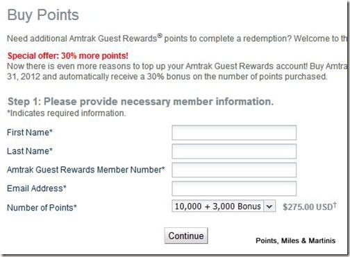 Amtrack Buy Points With 30 Percent Bonus Payment Page