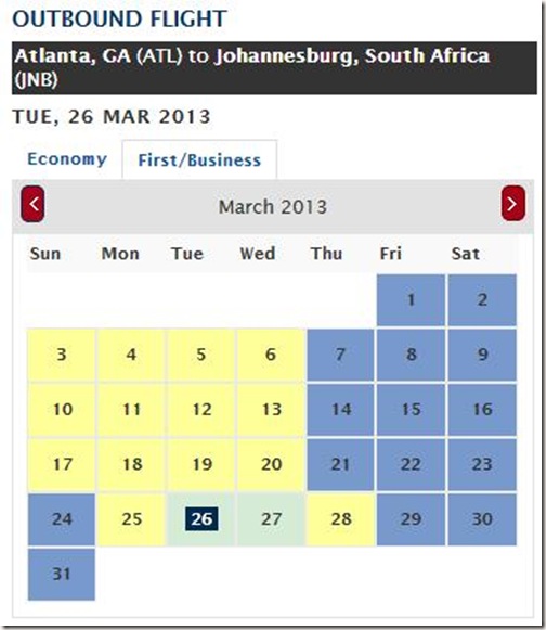 Delta 777 JNB Outbound Availability Calendar