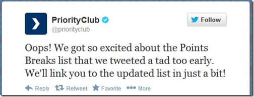 Priority Club Points Break List 2013 Tweet