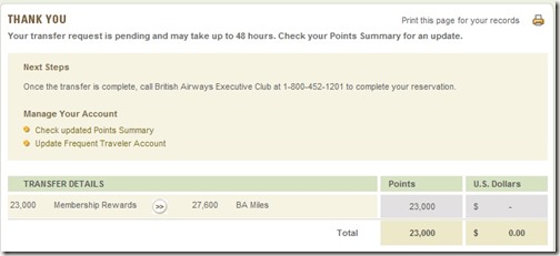American Express Transfer to BA Validated