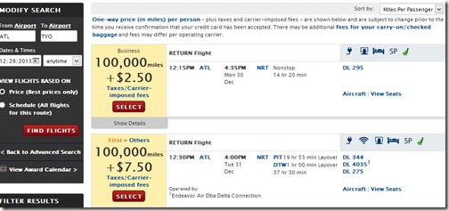 Atlanta to Tokyo Delta Award Availability Selection