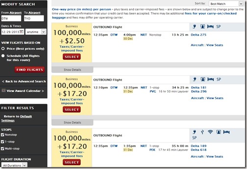DTW to Tokyo Delta Award Availability Selection