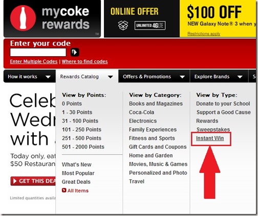 My Coke Rewards Instant Win Section