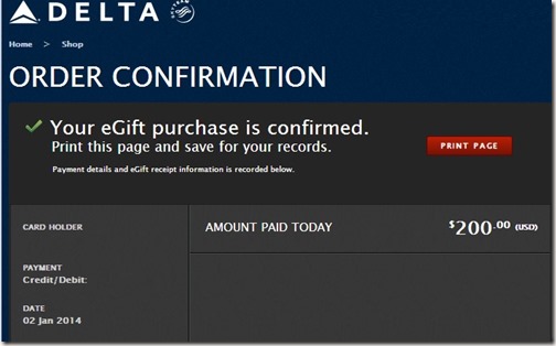 Delta egift certificates confirmation