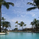 a pool with palm trees and a beach in the background