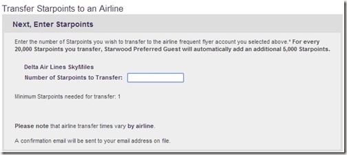Starwood Enter Starpoints to transfer to airline