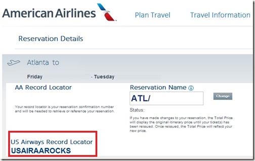 US Airways Record Locator on American Airlines