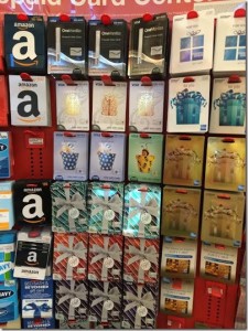 a wall of gift cards