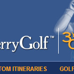 a blue and white logo with a person holding a golf club