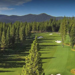 a golf course with trees and mountains in the background