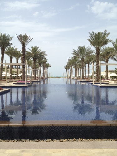 a pool with palm trees and a beach