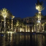 a pool with palm trees and a building at night