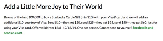 Free Starbucks $10 When You Buy $10 e-gift cards