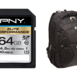 a black backpack and a memory card