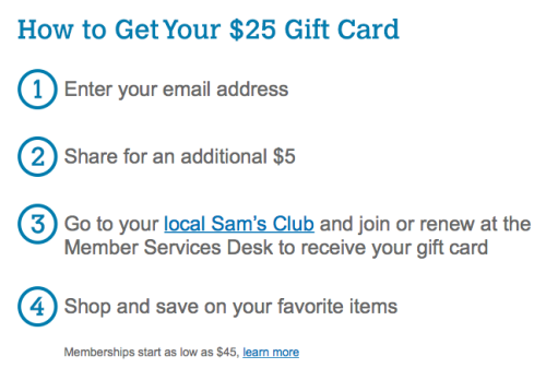 Hot Deal: Up To $25 Gift Card When Renew Or Sign Up For Sam's Club Membership