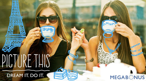 a couple of women sitting at a table with coffee cups drawn on them