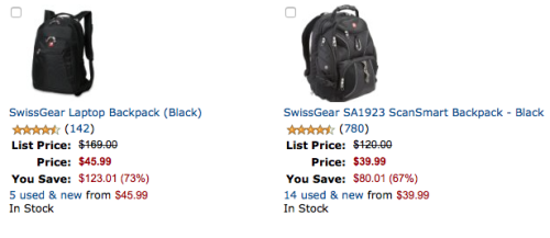 a black backpack with a price tag
