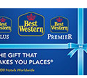 a blue gift card with yellow and red text