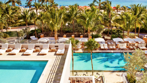 a pool with lounge chairs and palm trees