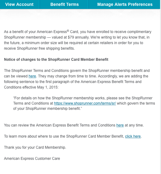 Change To ShopRunner Amex Card Member Benefit