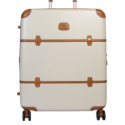 a white and brown suitcase