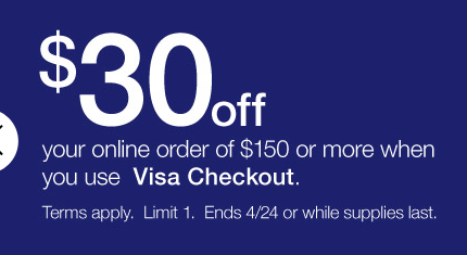 Staples $30 Off $150 With Visa Checkout Through 4/24!