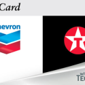 a black and white card with a red and blue logo