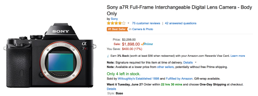 The price is back up for the Sony a7R camera on Amazon.