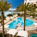 a swimming pool with palm trees and a building