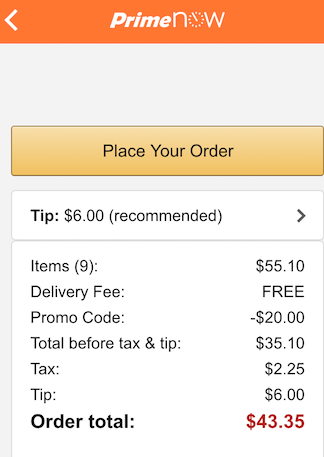 $20 Off $50 Prime Now & My 1st Order Experience