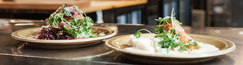 a close-up of plates of food