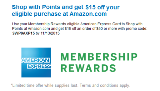 Amazon: $15 Off $50 Promo When Use 1 MR Point