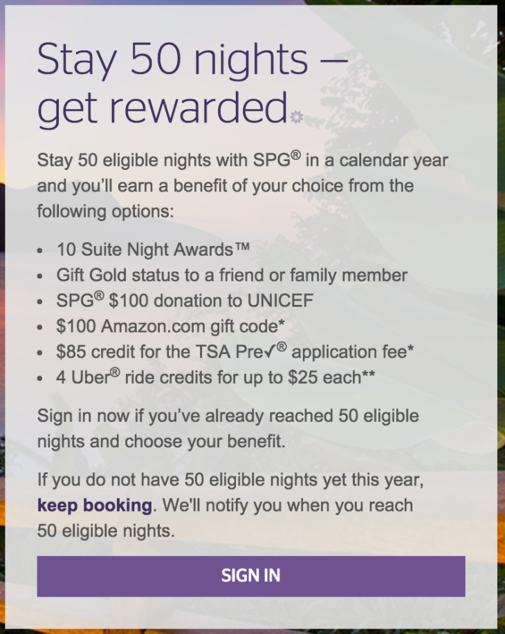 SPG Platinum Benefits at 50 Stays