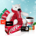 a stuffed animal and a red scarf on a box of soda