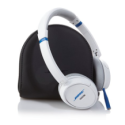 a white headphones on a black bag