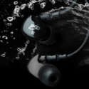 close-up of a pair of black earbuds