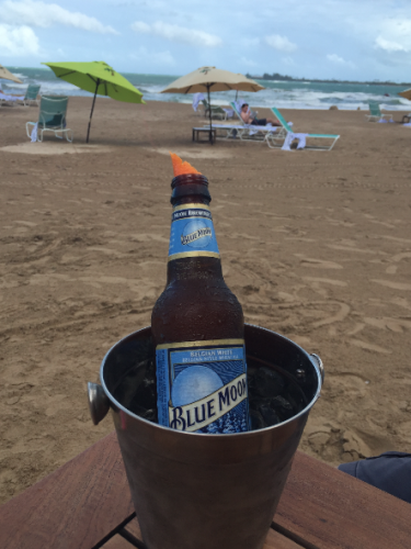 a beer bottle in a bucket on a beach
