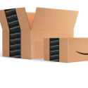 several cardboard boxes with a logo