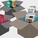 a robot in a box with shoes and a shoe