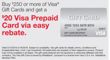 New Staples Deal $20 Visa Back On $250 Visa GC Purchase