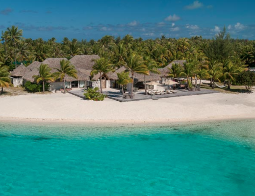 a beach with a building and palm trees