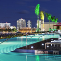 a pool with palm trees and a city in the background