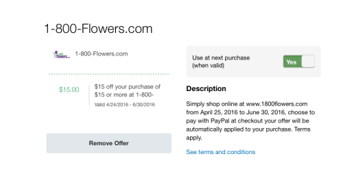 $15 Off $15 1-800Flowers Order With Paypal (targeted)
